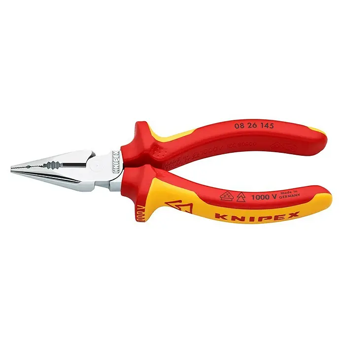 Knipex Flachrundzange - Länge: 14,5 cm - Eine isolierte, lange Spitzzange von KNIPEX, ideal für Elektroarbeiten. Das Werkzeug ist rot-gelb und für bis zu 1000V geeignet.