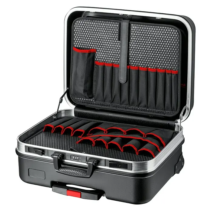 Knipex Werkzeugkoffer BIG Basic Move - Fassungsvermögen: 33 l, Ohne Inhalt - Geöffneter Werkzeugkoffer mit Fächern und silberfarbenem Rahmen auf schwarzem Hintergrund für Werkzeuge.