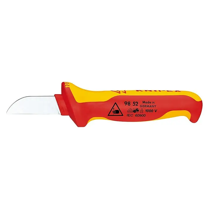 Knipex KabelmesserGerade Schneidklinge, Klingenlänge: 50 mm - Isoliertes KNIPEX Kabelmesser 98 52 mit fester Sichelklinge. Das Messer ist für Arbeiten unter Spannung bis 1000 V geeignet.