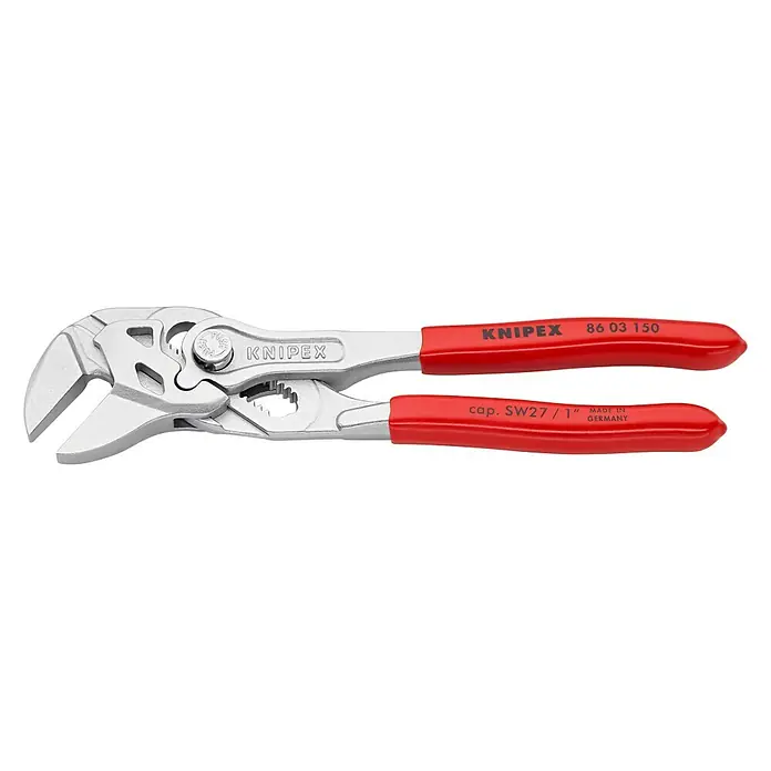 Knipex Wasserpumpenzange - Länge: 150 mm - Eine verstellbare KNIPEX Zangenschlüssel im Chrom-Vanadin-Stahl-Design mit roten Griffen für vielseitige Anwendungen und präzises Greifen.
