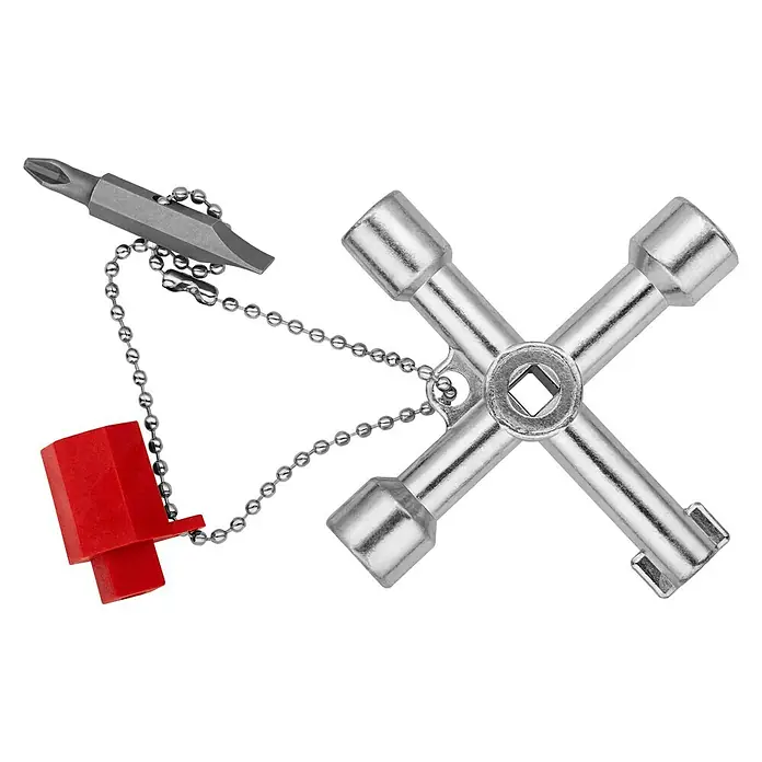 Knipex SchaltschrankschlüsselLänge: 76 mm - Ein silberner Multifunktionsschlüssel mit rotem Bit und Kugelkette auf schwarzem Hintergrund.