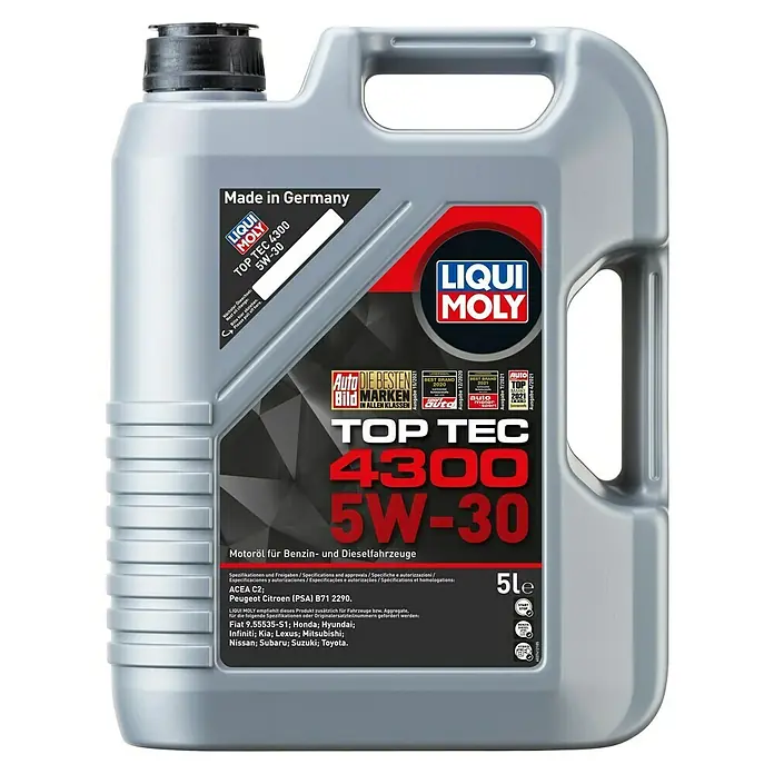 Liqui Moly Aceite para motor Top Tec 4300 - 5 l, 5W-30 - Imagen del producto: Lata de 5L de aceite de motor Liqui Moly Top Tec 4300 5W-30, fabricado en Alemania, para vehículos gasolina y diésel.