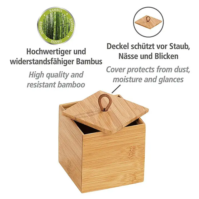 Wenko Aufbewahrungsbox Terra S - 9 x 9 x 9 cm, Bambus - Quadratische Bambusbox mit Deckel zum Schutz vor Staub und Feuchtigkeit, ideal für stilvolle Aufbewahrung.