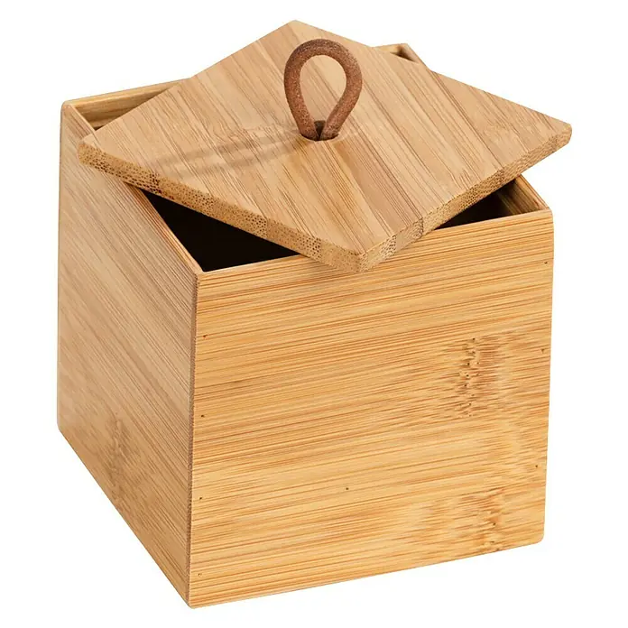 Wenko Aufbewahrungsbox Terra S - 9 x 9 x 9 cm, Bambus - Quadratische Bambusbox mit Deckel und Schlaufe. Ideal für Badutensilien oder Schmuck. Praktisch und dekorativ zugleich.