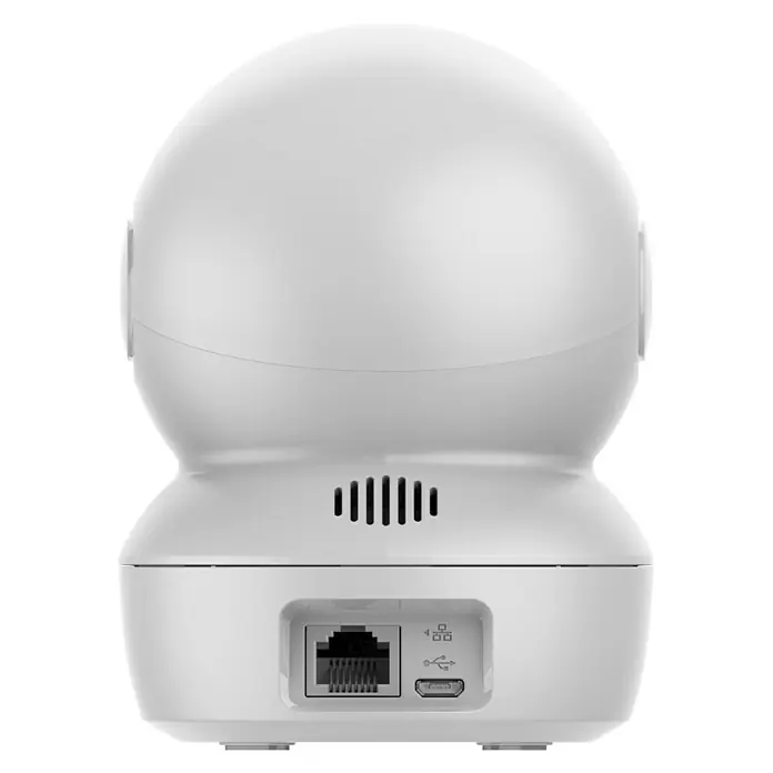 EZVIZ Überwachungskamera C6N-4MP - Nachtsichtreichweite: 10 m, Weiß - Ein detailreiches Bild der Rückseite einer weißen Überwachungskamera mit Anschlüssen für Ethernet und USB für Datenübertragung.