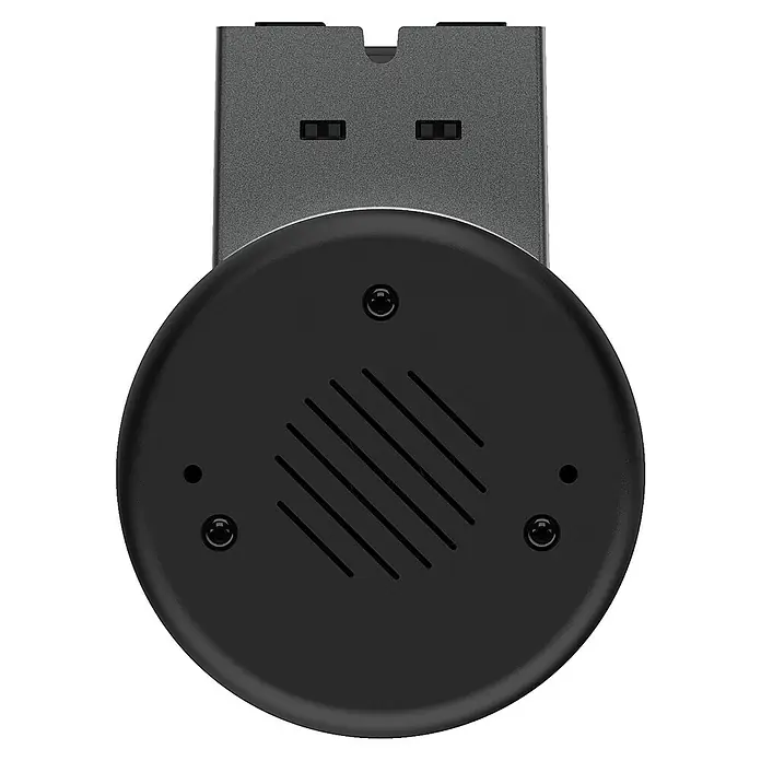 EZVIZ Überwachungskamera LC3 - Schwarz, Weiß - Das Bild zeigt eine Detailaufnahme eines schwarzen Produkts mit runder Basis und gerillter Oberfläche, möglicherweise ein Lautsprecher oder ein ähnliches Gerät.