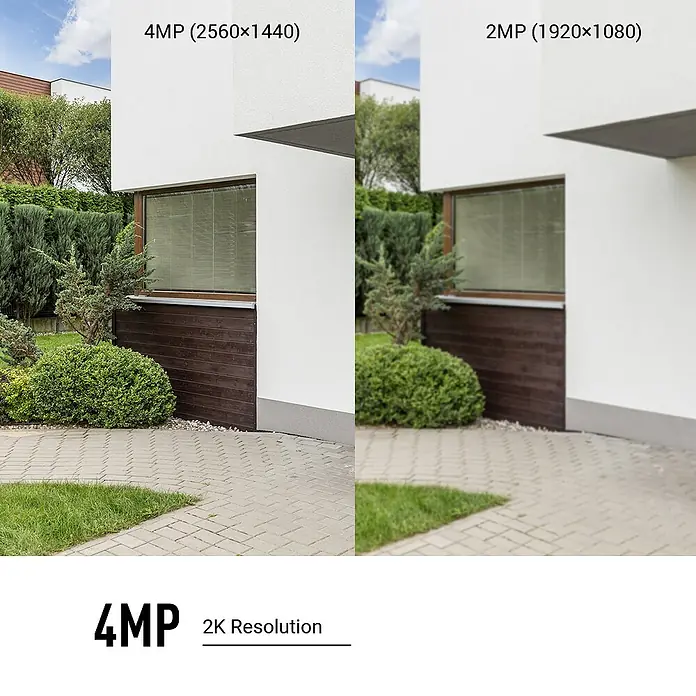 EZVIZ Überwachungskamera LC3 - Schwarz, Weiß - Vergleichsbild von 4MP und 2MP Auflösung, das die verbesserte Klarheit und Details der 4MP Überwachungskamera hervorhebt.