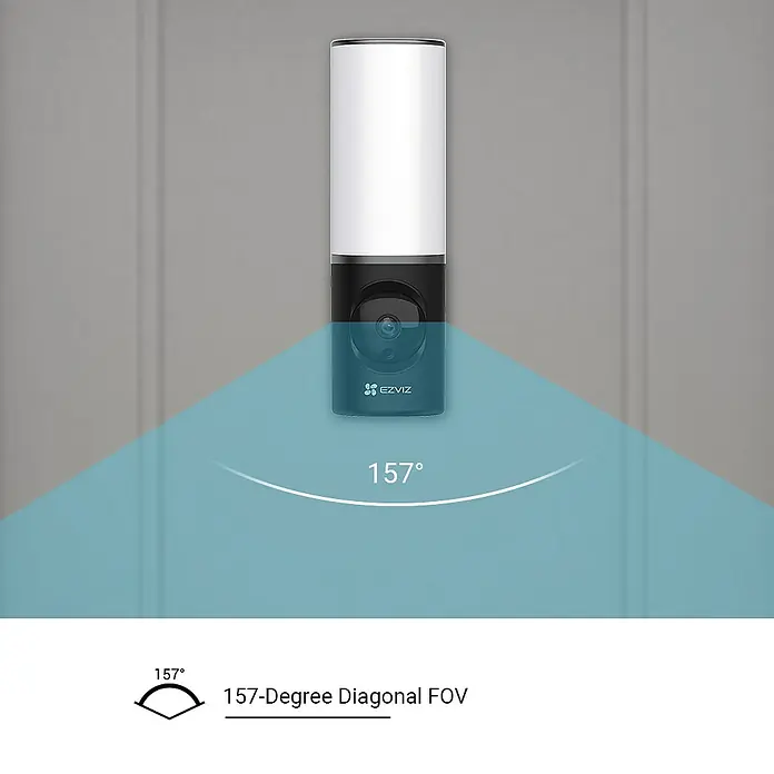 EZVIZ Überwachungskamera LC3 - Schwarz, Weiß - Produktdarstellung einer EZVIZ-Überwachungskamera mit Nachtlichtfunktion, die einen diagonalen Sichtbereich von 157 Grad abdeckt.