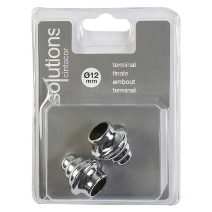 Tapones terminales Bellota Solutions - Cromo, 2 ud. - Embalaje con dos piezas terminales cromadas de 12 mm para sistemas de tensión de cable de Solutions Cintacor, ideales para cortinas y otras decoraciones.