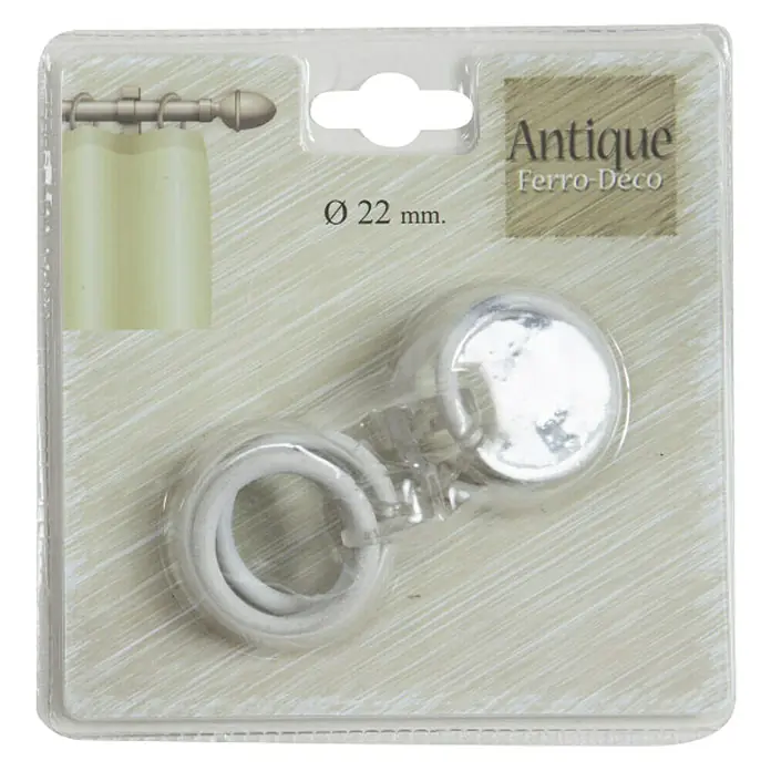 Anilla para cortinas Antique - 8 ud., Diámetro: 22 mm, Blanco - Imagen de un sujeta cortinas plateado "Antique Ferro-Deco" (Ø 22 mm) empaquetado, con material de fijación para barras de cortina.
