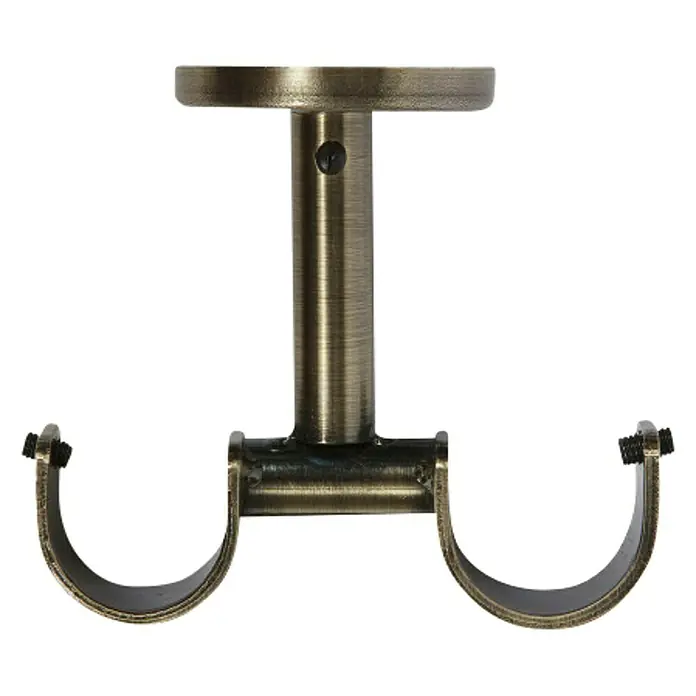 Soporte de techo Eclectic - Bronce, L x An x Al: 8,2 x 4,6 x 9,8 cm, Atornillado - Una vista detallada de un soporte de barra de cortina doble bronce dorado, que combina funcionalidad con elegancia decorativa.