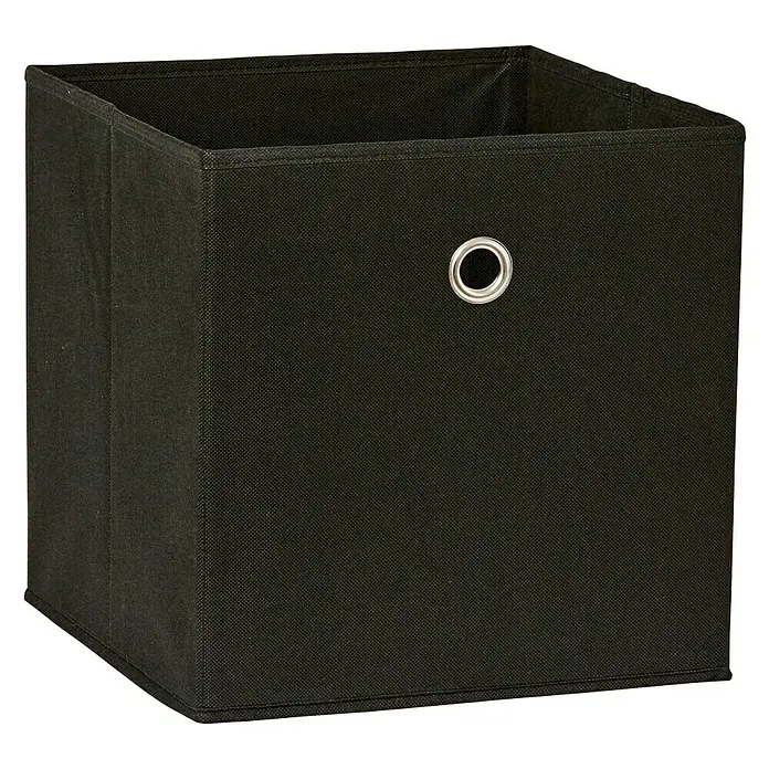 Scan Trend Aufbewahrungsbox - L x B x H: 30 x 30 x 30 cm, Textil, Schwarz - Ein schwarzer Stoffwürfel mit einem silbernen Loch auf der Vorderseite, ideal für die Aufbewahrung von Gegenständen.