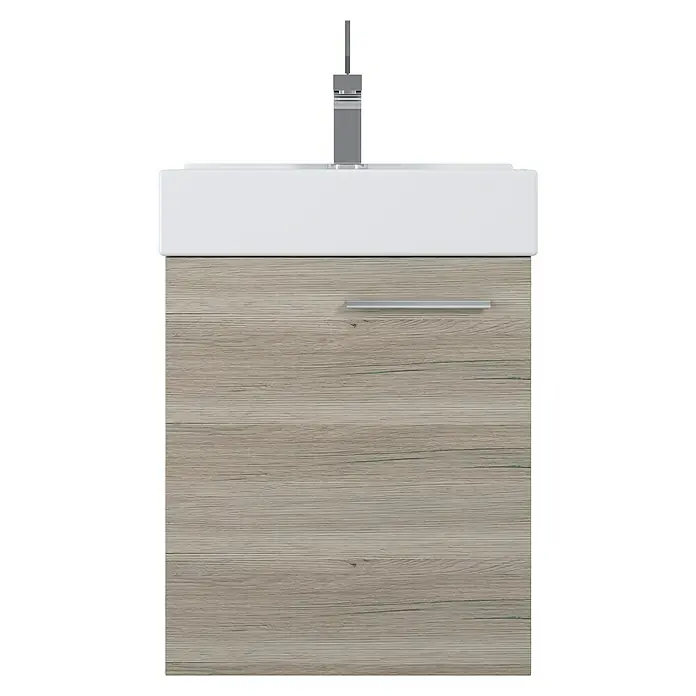 Badmöbel-Set Tiny - Gesamtbreite Badmöbel: 45 cm, Eiche, Matt, 2 -tlg. - Ein moderner Waschtischunterschrank in Holzoptik mit einem eleganten Waschbecken und einem schlanken Wasserhahn für ein stilvolles Badezimmerdesign.