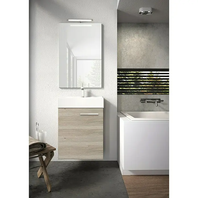 Badmöbel-Set Tiny - Gesamtbreite Badmöbel: 45 cm, Eiche, Matt, 2 -tlg. - Stilvolles Badezimmer mit einem modernen Waschtisch in Holzoptik und einem großen Spiegel mit Beleuchtung.