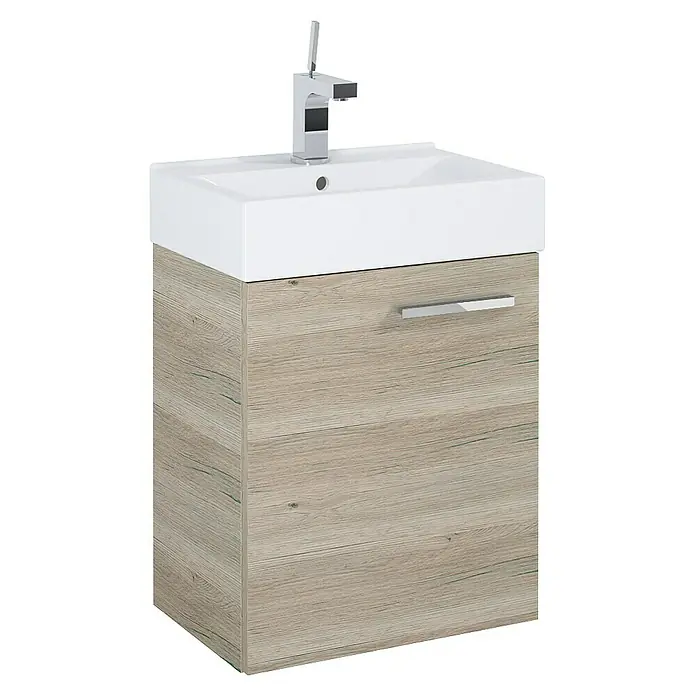 Badmöbel-Set Tiny - Gesamtbreite Badmöbel: 45 cm, Eiche, Matt, 2 -tlg. - Modernes Waschbecken mit Unterschrank in Holzoptik und Chromarmatur. Der Waschtisch ist weiß und rechteckig.