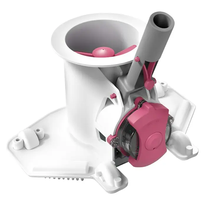 BWT Poolsauger BC 40 - Passend für: Pools bis zu 25 m³ Beckeninhalt, Akkubetrieben - Eine detaillierte Ansicht eines Sanitärprodukts mit weißen, grauen und pinkfarbenen Elementen, das Design und Funktionalität vereint.