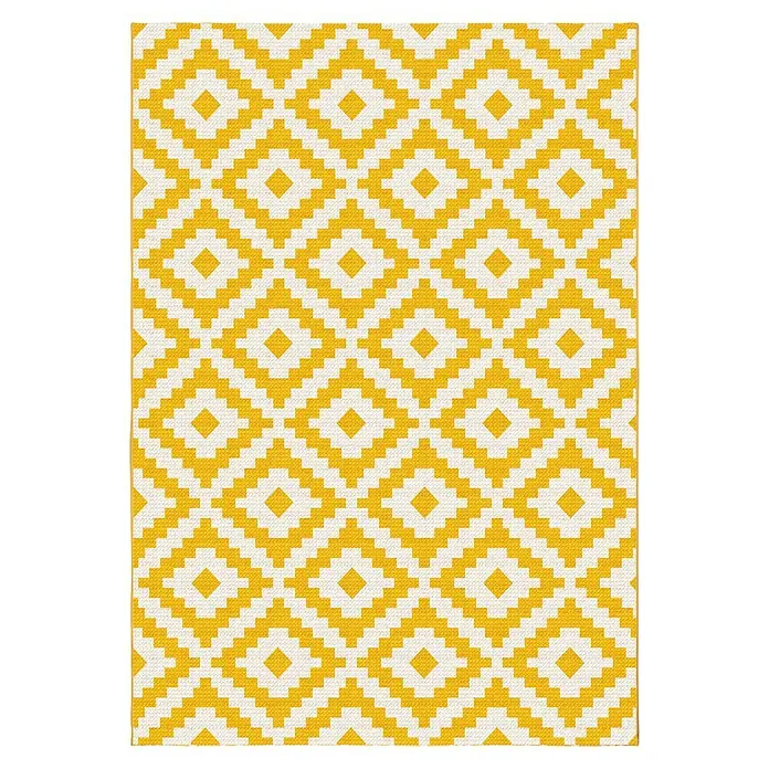 Outdoor-Teppich Monza - Gelb/Weiß, 230 x 160 cm, 100 % Polypropylen - Gelber und weißer geometrischer Teppich mit Rautenmuster, perfekt für Wohnzimmer oder Schlafzimmer, der einen modernen Touch verleiht.