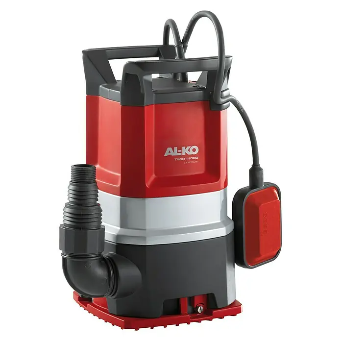 AL-KO Premium Tauchpumpe Twin 1100 - 850 W, Max. Fördermenge: 13.000 l/h - Abbildung einer AL-KO TWIN 11000 Premium Schmutzwasserpumpe in Rot, Silber und Schwarz mit Schwimmerschalter und Schlauchanschluss.