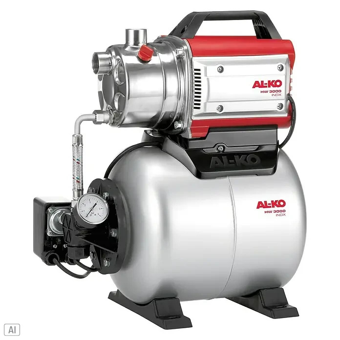 AL-KO Classic Hauswasserwerk 3000 Inox - 17 l, Max. Fördermenge: 3.100 l/h, Max. Druck: 28 bar - Nahaufnahme einer AL-KO HW 3000 Inox Hauswasserwerkspumpe, ideal für die automatische Wasserversorgung im Haus und Garten.