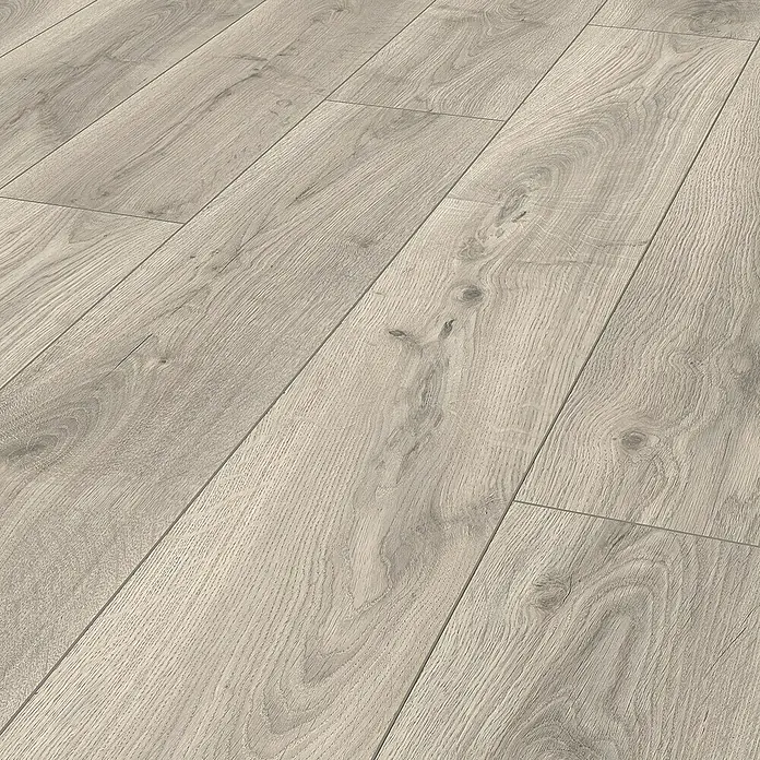 LOGOCLIC Aquaprotect Smart Silent Laminat - Lombok Oak, Landhausdiele, 1.288 x 195 x 7 mm - Nahaufnahme des eleganten Laminatbodens, der ein modernes und stilvolles Ambiente vermittelt.\n