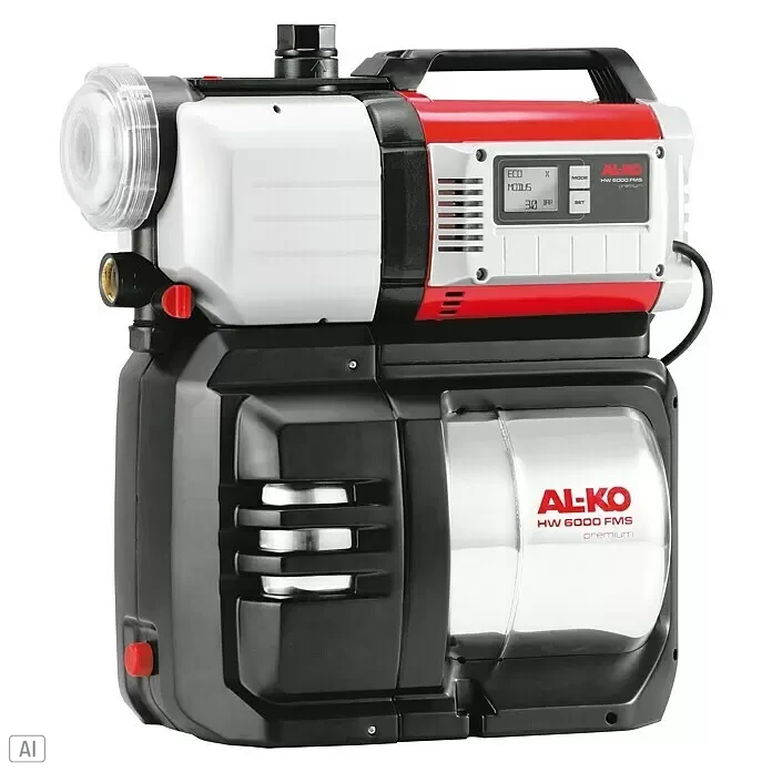 AL-KO Premium Hauswasserwerk 6000 FMS - 1.400 W, 20 l, Max. Fördermenge: 6.000 l/h, Max. Druck: 6 bar - AL-KO HW 6000 FMS Premium Hauswasserwerk in Rot, Weiß und Schwarz, mit transparentem Vorfilter und Digitalanzeige.