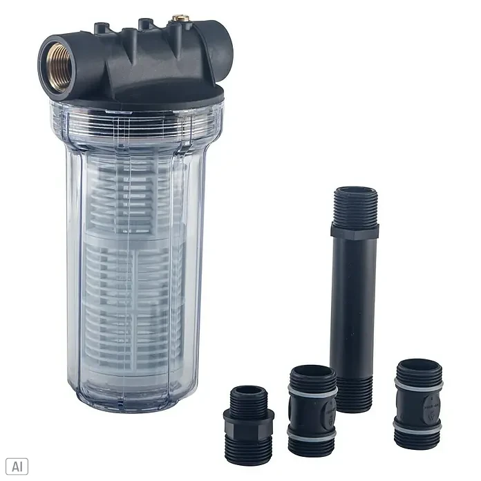 AL-KO Hauswasserwerk-Vorfilter - Passend für: AL-KO Hauswasserwerke - Bild einer Wasserfilteranlage mit transparentem Gehäuse und verschiedenen Anschlussstücken.