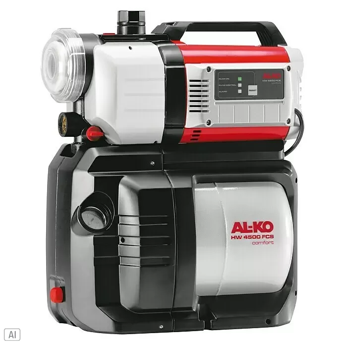 AL-KO Comfort Hauswasserwerk 4500 FCS - 17 l, Max. Fördermenge: 4.500 l/h, Max. Druck: 38 bar - AL-KO HW 4500 FCS Comfort Hauswasserwerk, schwarz, weiß und rot, mit transparentem Filtergehäuse und Bedienfeld.