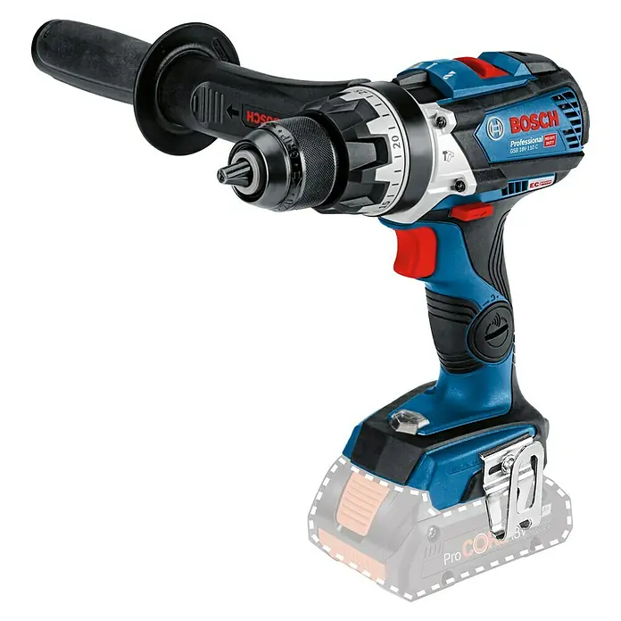 Bosch Professional AMPShare 18V Akku-Schlagbohrschrauber GSB 18V-110 C - 18 V, Ohne Akku, 110 Nm, Ohne Koffer - Nahaufnahme des Bosch Professional GSB 18V-110 C Akku-Schlagbohrschraubers mit Zusatzhandgriff und robustem Design.