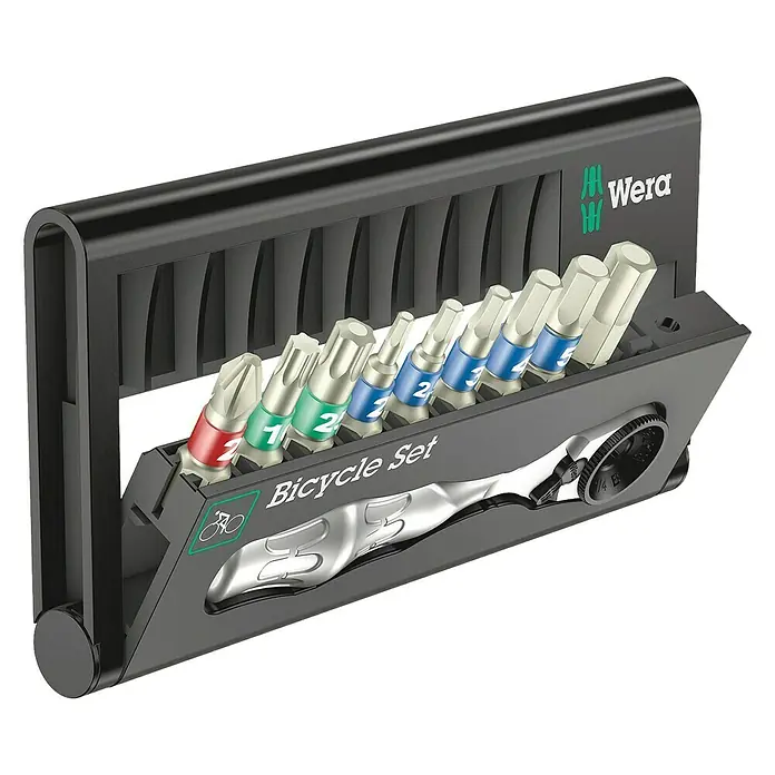 Wera Zyklop Bit- & Ratschen-Set Bicycle 9 - 10 -tlg. - Wera Fahrradwerkzeug-Set mit verschiedenen Schraubendreher-Bits und Ratsche in einer praktischen Aufbewahrungsbox.