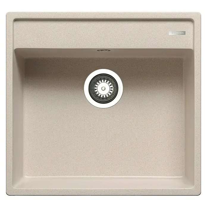 Pyramis Einbauspüle Camea - 50 x 53 cm, Beige - Detailansicht einer Spüle in Beige mit rundem Abflussstopfen, ideal für moderne Küchen.