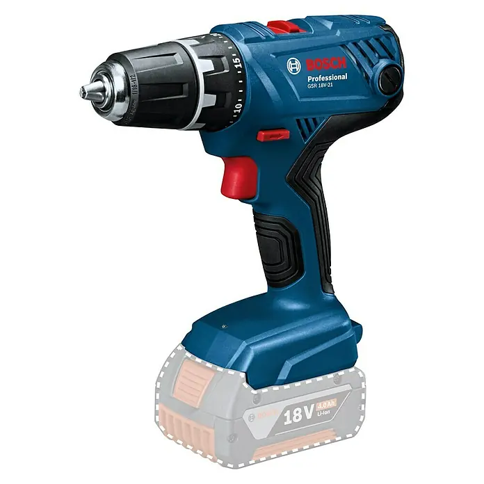 Bosch Professional AMPShare 18V Akku-Bohrschrauber GSR 18V-21 - 18 V, Ohne Akku, Ohne Koffer - Akku-Bohrschrauber Bosch Professional GSR 18V-21 mit blauem Gehäuse, ideal für Schraub- und Bohrarbeiten.