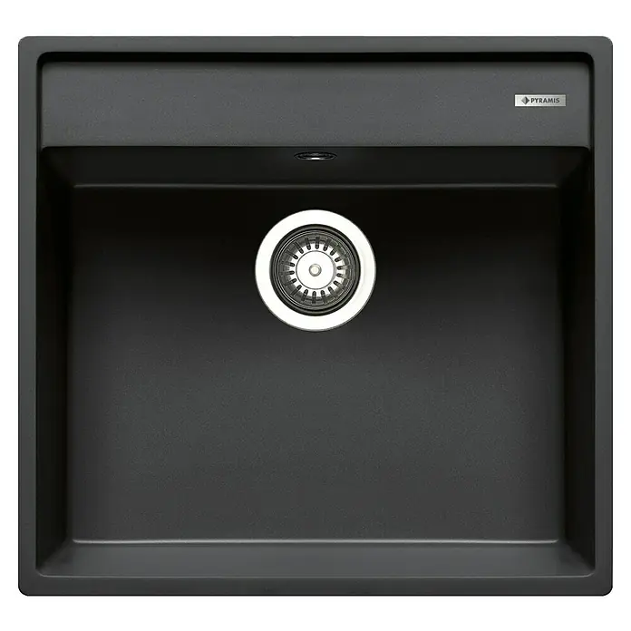Pyramis Einbauspüle Camea - 50 x 53 cm, Carbon - Nahaufnahme einer modernen, dunklen PYRAMIS Küchenspüle mit elegantem Design und hochwertiger Verarbeitung.