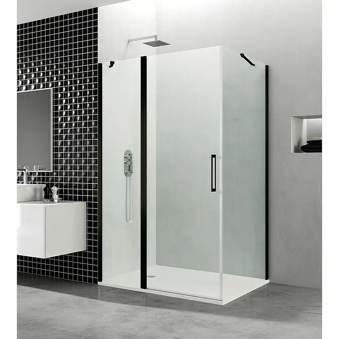 GME Mampara de ducha esquinera Open Combi C - L x An x Al: 70 x 100 x 195 cm, Negro, L x An x Al: 70 x 100 (30/70) x 195 cm - Vista de baño contemporáneo con una elegante cabina de ducha rectangular con marco negro y un lavabo minimalista.
