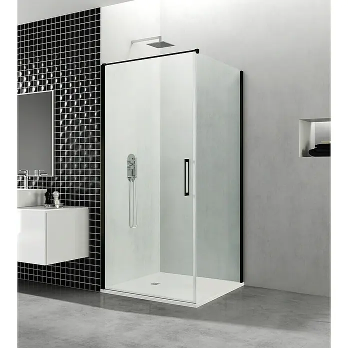 GME Mampara de ducha esquinera Open Combi A - L x An x Al: 70 x 65 x 195 cm, Negro - Un moderno cuarto de ducha con una cabina de ducha sin marco con detalles en negro, una elegante combinación de lavabo y azulejos modernos.