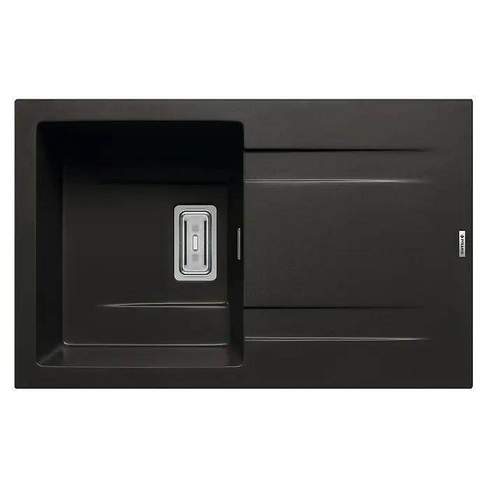 Pyramis Einbauspüle Kartesio - 79 x 50 cm, Carbon - Nahaufnahme einer modernen, schwarzen Spüle mit einem rechteckigen Becken und einer praktischen Abtropffläche. Elegantes Design für die Küche.