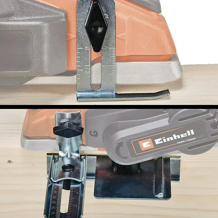 Einhell PXC 18V Cepillo de batería TE-PL 18/82 Li - Solo - 18 V, Sin batería, Número máx. de revoluciones en régimen de marcha en vacío: 15.000 r.p.m. - Primer plano de un cepillo con escala de ajuste de profundidad, que proporciona precisión y opciones de personalización versátiles para proyectos de carpintería.