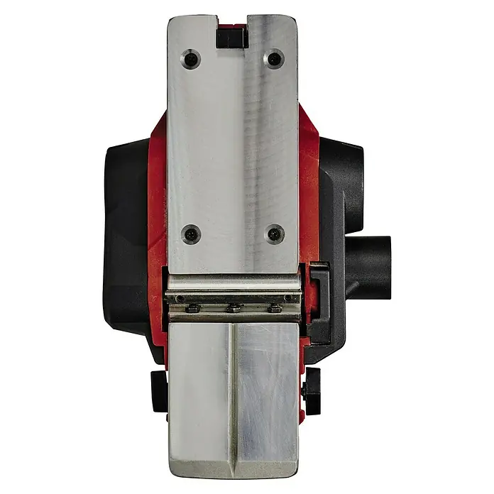 Einhell PXC 18V Cepillo de batería TE-PL 18/82 Li - Solo - 18 V, Sin batería, Número máx. de revoluciones en régimen de marcha en vacío: 15.000 r.p.m. - Primer plano de un cepillo eléctrico, destacando la base metálica de la herramienta y las cuchillas de corte, perfecto para trabajos de carpintería de precisión.