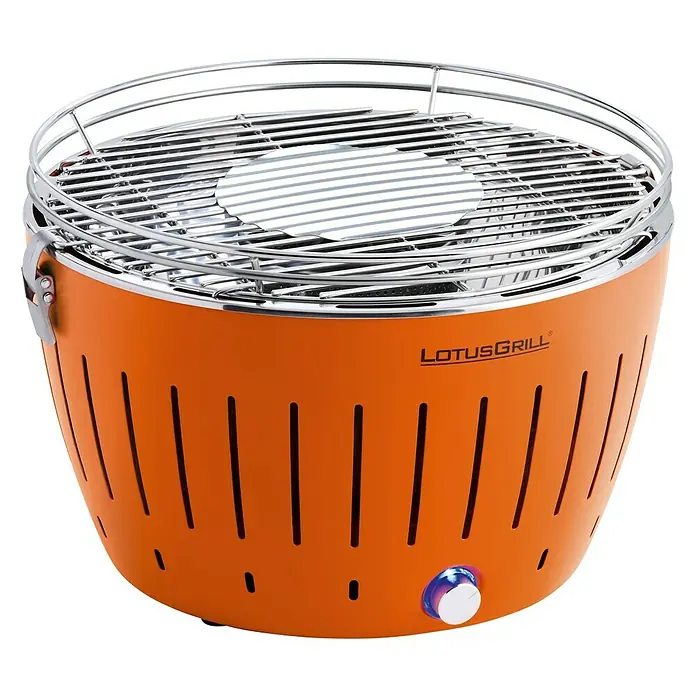 LotusGrill Holzkohlegrill Classic - Durchmesser Grillfläche: 34 cm, Mandarinenorange - Der LotusGrill ist ein raucharmer Holzkohlegrill, ideal für Balkon und Terrasse. Er ist schnell einsatzbereit und leicht zu reinigen.