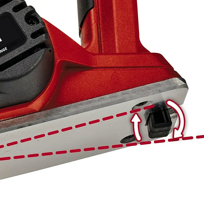 Einhell PXC 18V Cepillo de batería TE-PL 18/82 Li - Solo - 18 V, Sin batería, Número máx. de revoluciones en régimen de marcha en vacío: 15.000 r.p.m. - Un cepillo rojo con una base plateada, que muestra el ajuste de la profundidad de corte.