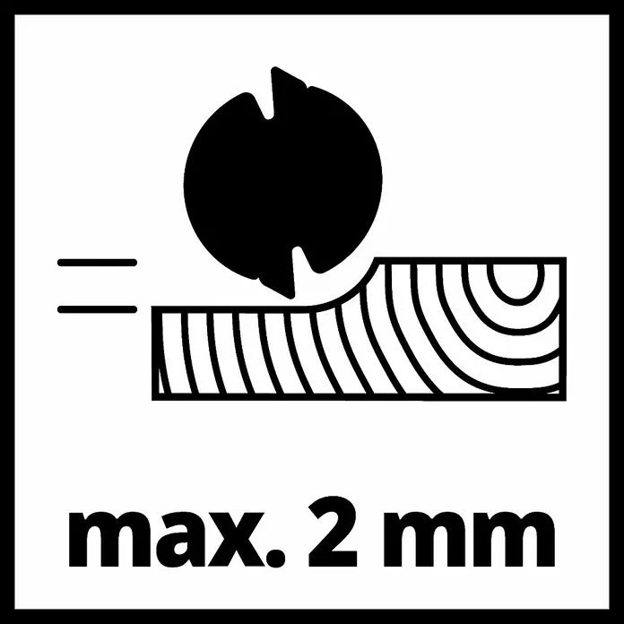 Einhell PXC 18V Cepillo de batería TE-PL 18/82 Li - Solo - 18 V, Sin batería, Número máx. de revoluciones en régimen de marcha en vacío: 15.000 r.p.m. - Símbolo para una profundidad máx. de mecanizado de madera de 2 mm, con herramienta y pieza de madera, indicando la profundidad de corte recomendada.