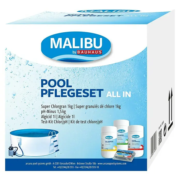 Malibu Wasserpflege-Starterset All In - 4 -tlg. - Karton mit Malibu Pool Pflegeset All In, enthält Chlorgranulat, pH-Minus, Algizid und Test-Kit für Chlor/pH.