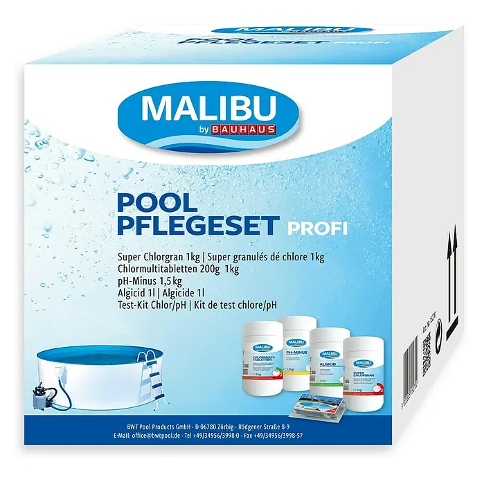 Malibu Wasserpflege-Set Profi - 5 -tlg. - Produktbild eines "Malibu Pool Pflegeset Profi" Schwimmbadpflege-Sets von Bauhaus, das verschiedene Wasserpflegeprodukte enthält.