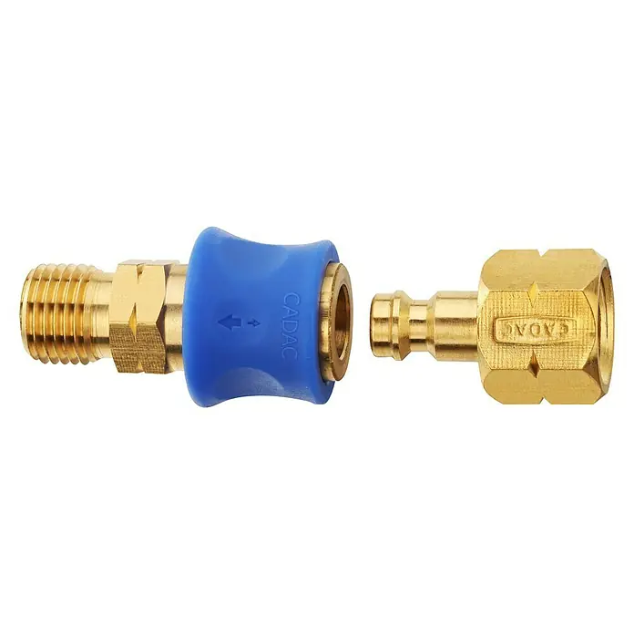 Cadac Schnellverschluss Kupplung - Passend für: 8 mm Gasschläuche, 2 -tlg. - Messing-Schnellkupplung mit blauem Griff von CADAC. Ideal für den schnellen Anschluss von Gasgeräten.