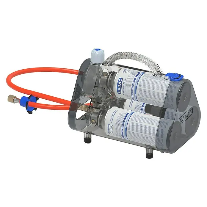 Cadac Kartuschenhalter-Set - Passend für: 3 Bajonettkartuschen (227g) - Tragbarer CADAC Adventure To Go Doppel-Gaskartuschengrill mit transparentem Gehäuse und orangenem Schlauch für Camping und Outdoor-Abenteuer.