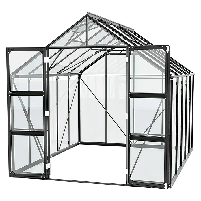 Vitavia Gewächshaus Domus 8300 - Außenmaß inkl. Dachüberstand (B x T): 257 x 325 cm, 3 mm, Schwarz - Bild eines Gewächshauses mit geöffneten Türen, das seine robuste Struktur und durchsichtigen Paneele zeigt.