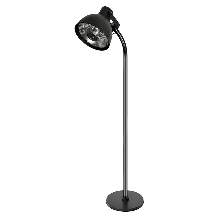 Hoberg Infrarot-Heizstrahler - Schwarz - Eine moderne schwarze Stehlampe mit einem runden Lampenschirm und einem stabilen Standfuß, die ein stilvolles Lichtelement bietet.