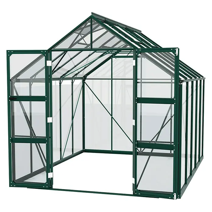 Vitavia Gewächshaus Domus 8300Außenmaß inkl. Dachüberstand (B x T): 257 x 325 cm, 3 mm, Smaragd - Ein geräumiges Gewächshaus mit geöffneten Türen, ideal für den Anbau von Pflanzen und Gemüse im eigenen Garten.
