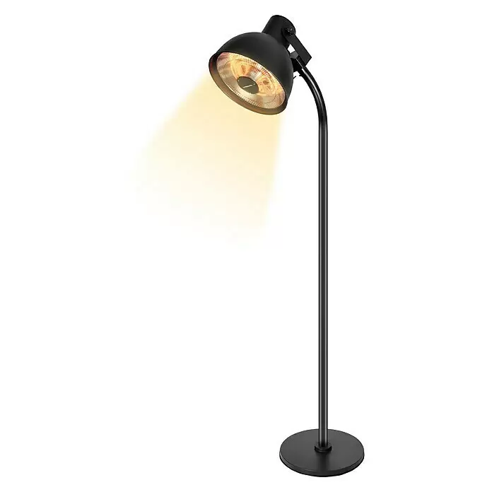 Hoberg Infrarot-Heizstrahler - Schwarz - Schwarzer Stand-Heizstrahler mit leuchtendem orangefarbenem Heizelement und Lichtkegel.