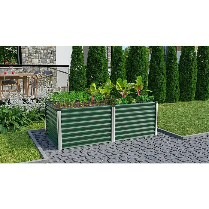 Vitavia Hochbeet Meta 630 - 187,7 x 96,2 x 63 cm, Zincalume®, Seegras/Alu - Hochbeet aus grünem Wellblech mit Gemüse und Kräutern, ideal für den Garten oder die Terrasse. Praktisch und dekorativ.