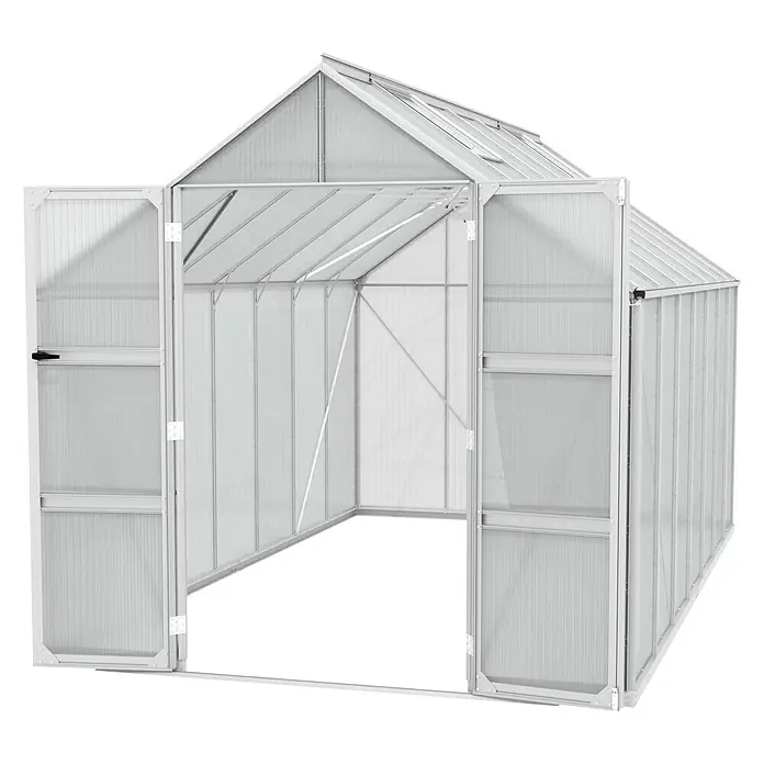 Vitavia Gewächshaus Domus 11500 - Außenmaß inkl. Dachüberstand (B x T): 257 x 449 cm, 6 mm, Aluminium - Ein geräumiges Gewächshaus mit geöffneten Türen, ideal für den Anbau von Pflanzen und Gemüse. Das robuste Design sorgt für Langlebigkeit.